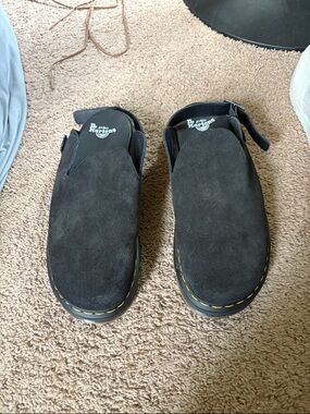 Dr. Martens Black Suede Slip-On Clog with Yellow Stitching